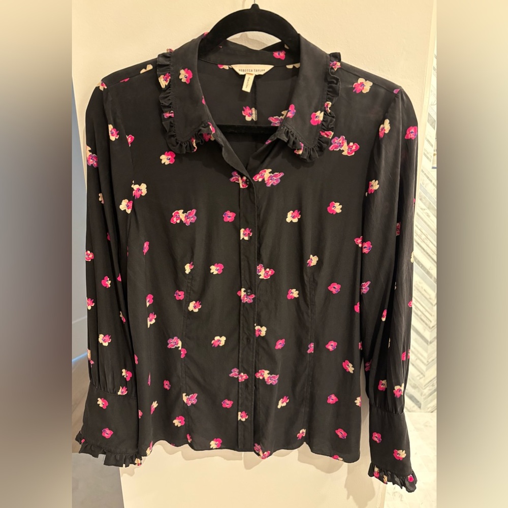 Rebecca Taylor Long Sleeve Silk Blouse, Ruffle Collar and Sleeve SZ 10